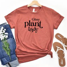 T-Shirt - Crazy Plant Lady Short Sleeve Tee Trendy Cotton T-shirt With Plant Print, Gardening Gift, Hiking Shirts, Plant Lover Gift, Funny Mom Shirts, Ladies Tee Shirts, Plant Lady, Camping Shirt, Staple Pieces