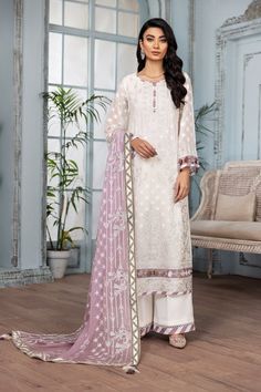 Buy Pakistani Party Dresses-Latest White Salwar Kameez With Lilac Dupatta-Pakistani Party Wear With Sequins, Thread, Dabka, Tila, Kora, Stones Embroidery Work In USA, UK, Canada, Australia Visit Now : www.NameerabyFarooq.com or Call / Whatsapp : +1 732-910-5427 White Salwar, White Salwar Kameez, Pakistani Formal Dresses, Asian Designers, Pakistani Party Wear, Chiffon Sleeves, Chiffon Collection, Festive Collection, Embroidered Chiffon