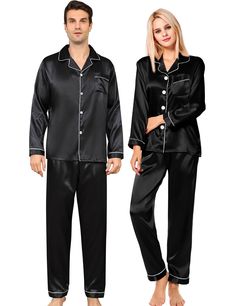 PRICES MAY VARY. SILKY COUPLES PAJAMA SETS: Couple Matching Pajamas are made of silky satin fabric - 95% Polyester and 5% Spandex, comfy, lightweight, breathable, and skin-friendly. Great for sleeping, pajama party or lounging around with these Couple Pajama Sets for Him and Her. PAJAMAS FEATURES: Matching Pajamas for Couples featuring classic sleepwear style. Pajama Top: Long sleeve sleepwear with classic notch collar, button down and left chest pocket design. Pajama Bottom: Long pajama pants w Long Sleeve Loungewear Sets With Button Closure, Long Sleeve Buttoned Sleepwear For Pajama Party, Casual Long Sleeve Sleepwear For Night, Casual Long Sleeve Night Sleepwear, Black Long Sleeve Sets For Night, Black Long Sleeve Set For Night, Relaxed Fit Long Sleeve Sleepwear With Buttons, Casual Long Sleeve Night Sets, Long Sleeve Pajama Party Set With Buttons