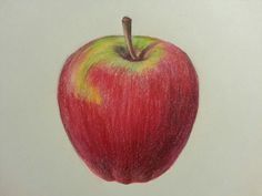 an apple colored in red, yellow and green on a white paper with a pencil drawing underneath it