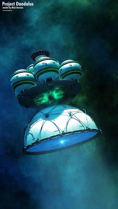 an alien ship floating in the sky with green lights on it's side and four other ships below