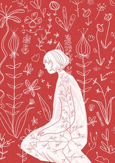 a drawing of a woman sitting on the ground surrounded by plants and flowers in red