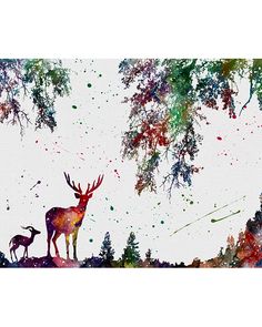 a deer and its fawn are standing in the woods with watercolor paint splatters