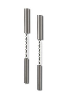 Silver Earrings - From the artists CYLINDERS jewelry collection, which melds linear and circular for a perfectly elegant look.  Handmade in sterling silver, these Cylinder and Chain Earrings are long and sexy. Combines high polish and matte finishes.  Backs are post 14k white gold posts and backs.   Also available in 14k yellow and 14k white gold upon special request. Modern Cable Chain Drop Earrings, Modern Dangle Earrings With Cable Chain, Modern Drop Earrings With Silver Chain, Modern Silver Chain Drop Earrings, Modern Silver Chain Dangle Jewelry, Formal Long Drop Linear Earrings In Metal, Modern White Gold Dangle Linear Earrings, Formal Long Drop Linear Metal Earrings, Modern White Gold Long Drop Earrings