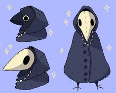 three different types of birds wearing coats and hoods, one in black with white eyes