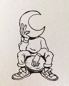 a black and white drawing of a person sitting on a ball with the moon in the background