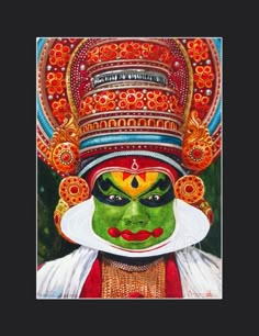 a painting of a person with green face paint and headdress, wearing an elaborate hat