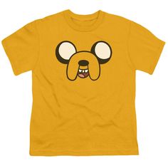 The Adventure Time Jake Head Kids Youth T Shirt Item Description: The Adventure Time Jake Head Kids Youth t-shirt is made from 100% pre-shrunk medium weight cotton.  Every item we sell is original and fully licensed. If a shirt is designated as "distressed", the design contains intentional skips and voids which give the shirt a worn-in or vintage look. These are part of the actual design and do not reflect poor printing. The images shown are provided by the manufacturer and in some cases the act Adventure Time Shirt, Adventure Time Jake, Jake Adventure Time, Time Clothes, Jake The Dogs, Printed Clothing, Girls Graphic Tee, Dog Shirt