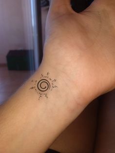 a woman's arm with a small tattoo design on the left side of her wrist