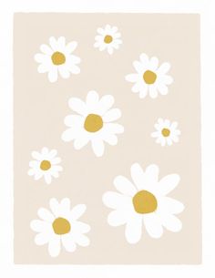 white and yellow flowers are on a beige background with gold dots in the center,