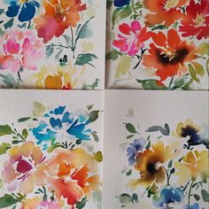 four watercolor paintings of colorful flowers on white paper