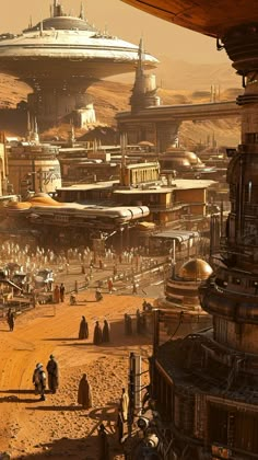 a futuristic city in the desert with people walking around and looking at something on the ground