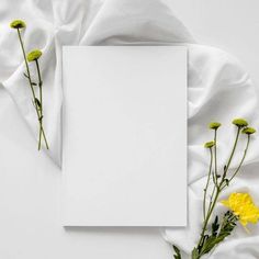 a blank card and some yellow flowers on a white sheet of paper next to it