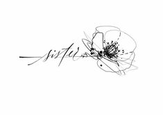 an ink drawing of a flower with the word love written in cursive writing