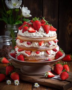 a cake with strawberries on top is sitting on a table next to some flowers