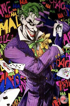 a painting of the joker holding cards and playing cards in front of him with words all over it