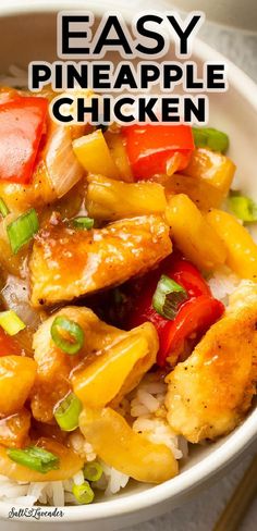 a white bowl filled with chicken, pineapples and peppers on top of rice