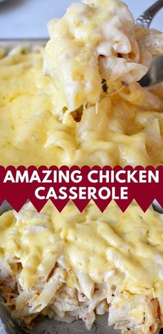 a close up of food on a spoon with the words amazing chicken casserole