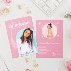 a pink graduation card with an image of a woman on it and the words graduate next to it