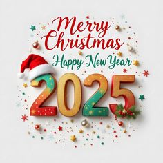 merry christmas happy new year 2055 with santa's hat and stars on white background