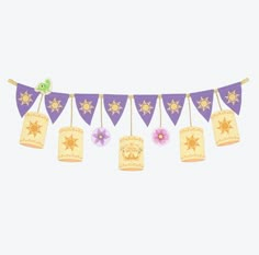 a purple and yellow banner with flowers on it