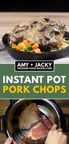 an image of instant pot pork chops with gravy on the top and in the bottom