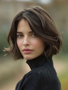 Chic and Versatile Short Bob Hairstyles Wavy Bob Side Part, French Bob Side Part, Jaw Length Bob For Fine Hair, Heavy Italian Bob, Mid Bob Hairstyles, Short Bob Side Part, Paris Bob, Short Dark Bob, Bob Back View