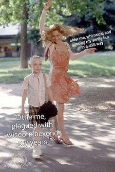 a little boy standing next to a woman in a dress with her arms up and the caption reads, little me, played with wisdom beyond beyond my years