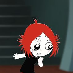 a cartoon girl with red hair and big eyes holding her arms out to the side