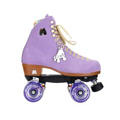 purple roller skates with white dog on the front and blue wheels, all in different colors