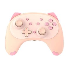 a pink and white game controller with buttons on it's side, against a white background