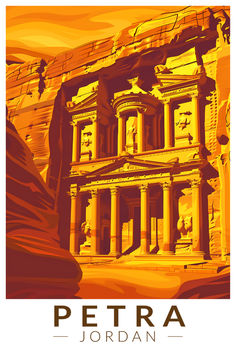 A retro-style travel poster of Petra, Jordan, showcasing the iconic Al-Khazneh (The Treasury) carved into sandstone cliffs, depicted in golden hues and vintage-inspired colors. Petra Jordan, Rose City, Archaeological Site, World Art, Vintage Postcard, Jordan Retro, Vintage Travel, World Heritage