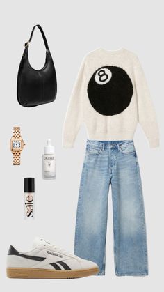 a white sweater, blue jeans, black and white sneakers, a handbag, an eyeglasses, and a purse