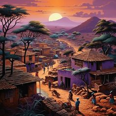 a painting of a village in africa with people walking around and trees on the other side