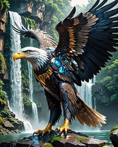 an eagle standing on top of a rock next to a waterfall