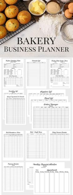 the bakery business planner is displayed on a table with muffins and other ingredients