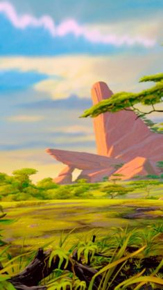 an animated scene with trees and plants in the foreground