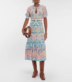 Printed Silk Midi Dress in Multicoloured - Etro | Mytheresa Multicolor Printed Silk Midi Dress, Printed Viscose Midi Dress, Printed Multicolor Viscose Midi Dress, Multicolor Midi Dress With Vibrant Print, Multicolor Printed Viscose Midi Dress, Multicolor Viscose Dress With Vibrant Print, Multicolor Silk Knee-length Dress, Fitted Multicolor Viscose Midi Dress, Silk Midi Dress