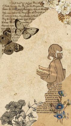 an altered photograph of a girl reading a book with butterflies flying over her and flowers in the background