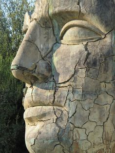 a large stone head with trees in the background