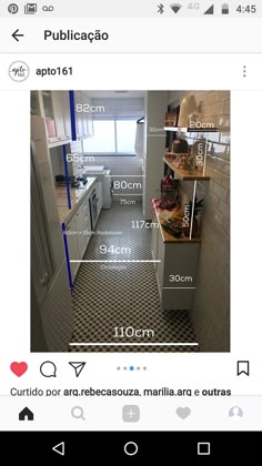 an image of a kitchen taken from the camera on a cell phone, with measurements in spanish and english