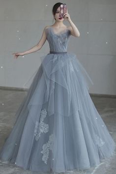 A Line Prom Dress, Prom Dress Evening, Gaun Fashion, Blue Evening Dresses, Blue Tulle, A Line Prom Dresses, Long A, Quince Dresses, Ball Gown Dresses