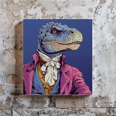 an image of a dinosaur wearing a suit and tie on a canvas mounted to a wall