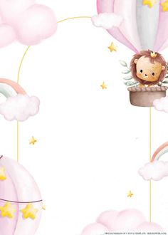 a baby lion in a hot air balloon with stars and clouds around it, on a white background