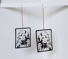 "Dolly Parton rectangular shrinky dink earrings on a chain.  Gold chain is 2\"  Silver chain is 2.5\"" Shrinky Dink Earrings, Custom Corsets, Shrinky Dink, Velvet Flowers, Pink Cow, Dolly Parton, Chain Gold, Chain Earrings, Gold Chain