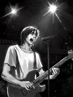 a black and white photo of a person playing guitar in front of a microphone on stage