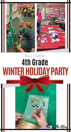 the 4th grade winter holiday party with pictures of kids and their teacher's artwork