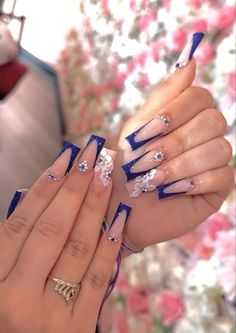 White Tip With Blue Design Nails, Blue And Gold Nails Acrylic Coffin, Role Blue Nails, Navy Rhinestone Nails, Long Square Blue Nails, Sapphire Blue And Silver Nails, Blue Nails With Diamonds Rhinestones, Navy Blue Nails Y2k, Royal Blue Bling Nails Rhinestones