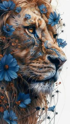 a painting of a lion with blue flowers around it's neck and face,