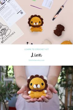 a person holding a crocheted lion in their hands with the text learn to crochet kit lion